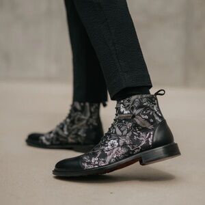 Taft Jack Cap Toe Boot Dark Sky Black Bird Floral Satin/Leather Men’s EU 44.5